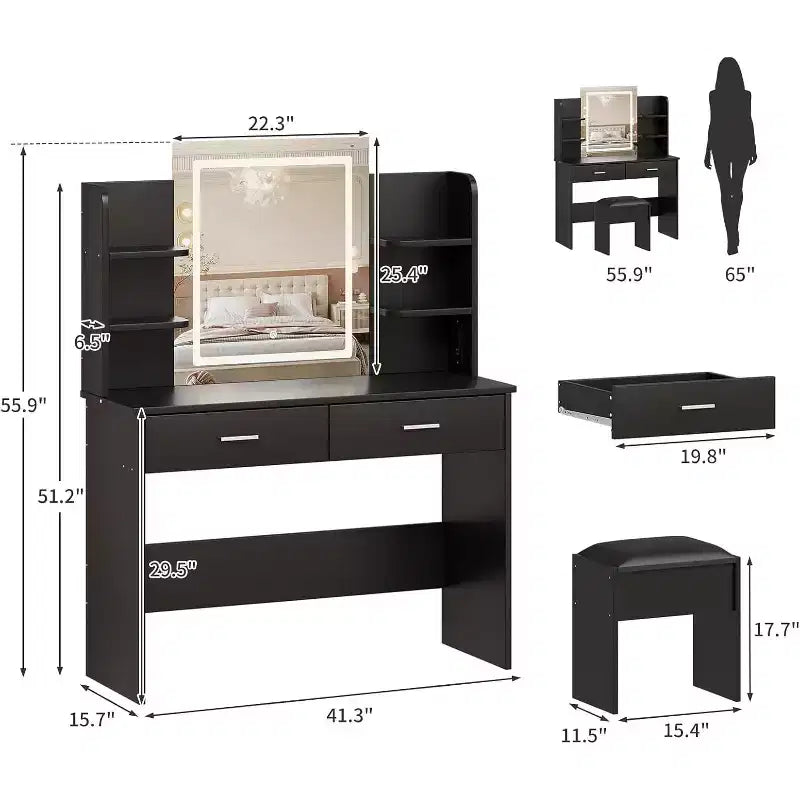 Set Toeletta Trucco Illuminata con Presa di Corrente e Sgabello Imbottito - Specchio con Luminosità Regolabile, 2 Cassetti e Ripiani Aperti, Scrivania Trucco per Camera da Letto
