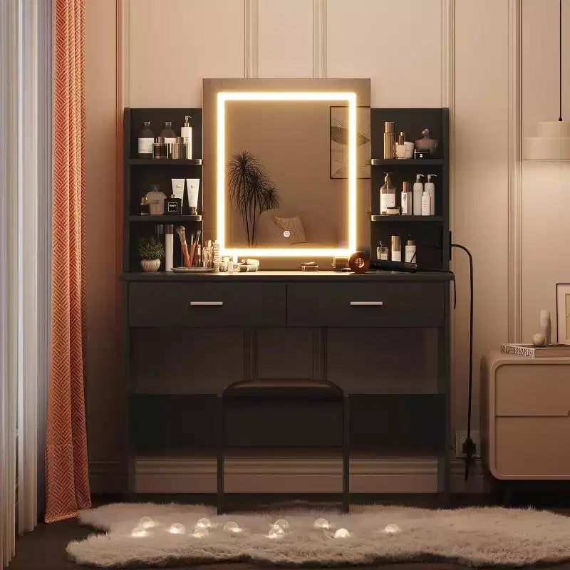 Set Toeletta Trucco Illuminata con Presa di Corrente e Sgabello Imbottito - Specchio con Luminosità Regolabile, 2 Cassetti e Ripiani Aperti, Scrivania Trucco per Camera da Letto