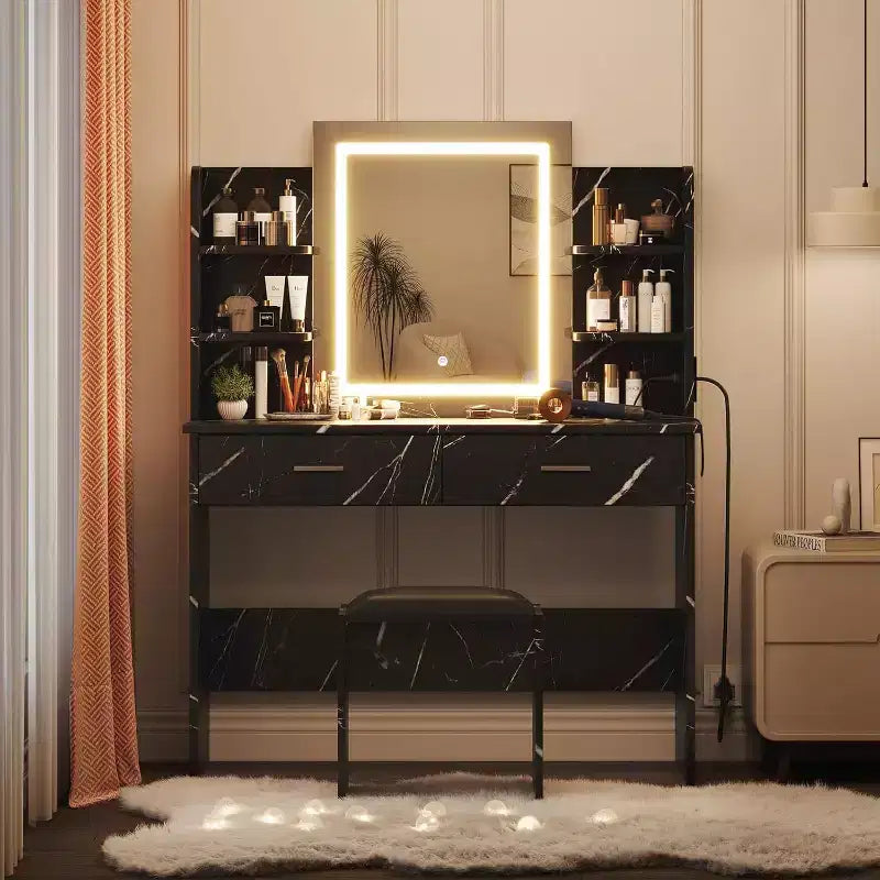 Set Toeletta Trucco Illuminata con Presa di Corrente e Sgabello Imbottito - Specchio con Luminosità Regolabile, 2 Cassetti e Ripiani Aperti, Scrivania Trucco per Camera da Letto