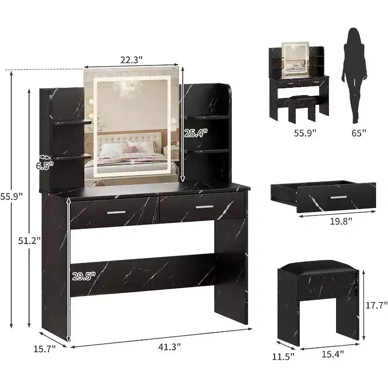 Set Toeletta Trucco Illuminata con Presa di Corrente e Sgabello Imbottito - Specchio con Luminosità Regolabile, 2 Cassetti e Ripiani Aperti, Scrivania Trucco per Camera da Letto