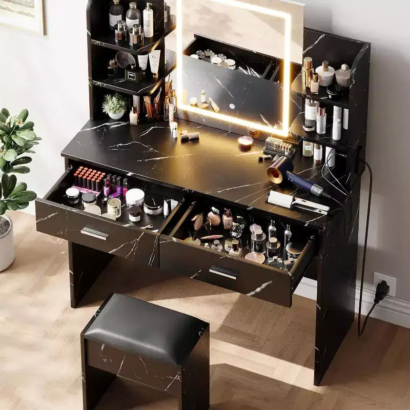 Set Toeletta Trucco Illuminata con Presa di Corrente e Sgabello Imbottito - Specchio con Luminosità Regolabile, 2 Cassetti e Ripiani Aperti, Scrivania Trucco per Camera da Letto