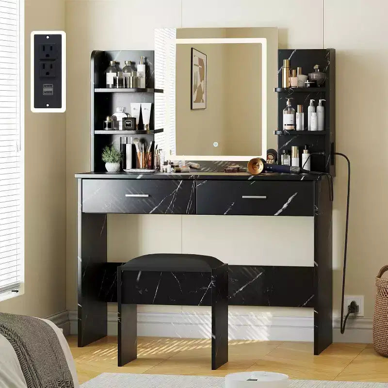 Set Toeletta Trucco Illuminata con Presa di Corrente e Sgabello Imbottito - Specchio con Luminosità Regolabile, 2 Cassetti e Ripiani Aperti, Scrivania Trucco per Camera da Letto