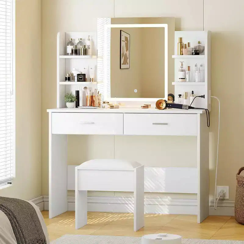 Set Toeletta Trucco Illuminata con Presa di Corrente e Sgabello Imbottito - Specchio con Luminosità Regolabile, 2 Cassetti e Ripiani Aperti, Scrivania Trucco per Camera da Letto