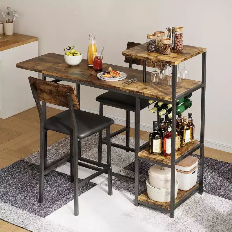 Set Tavolo da Pranzo per 2 Persone con Ripiano Portaoggetti e Portabottiglie, Adatto per Soggiorno o Camera da Letto