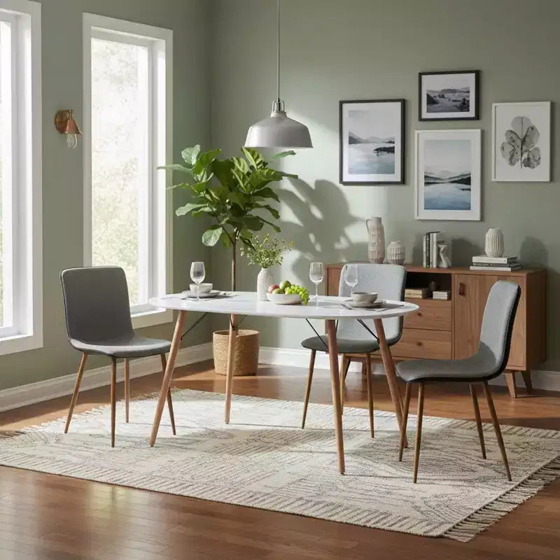 Set da pranzo moderno FurnitureR da 5 pezzi con tavolo ovale e sedie ibride in tessuto-PU, gambe effetto legno, mobili compatti per sala da pranzo e cucina per 4 persone