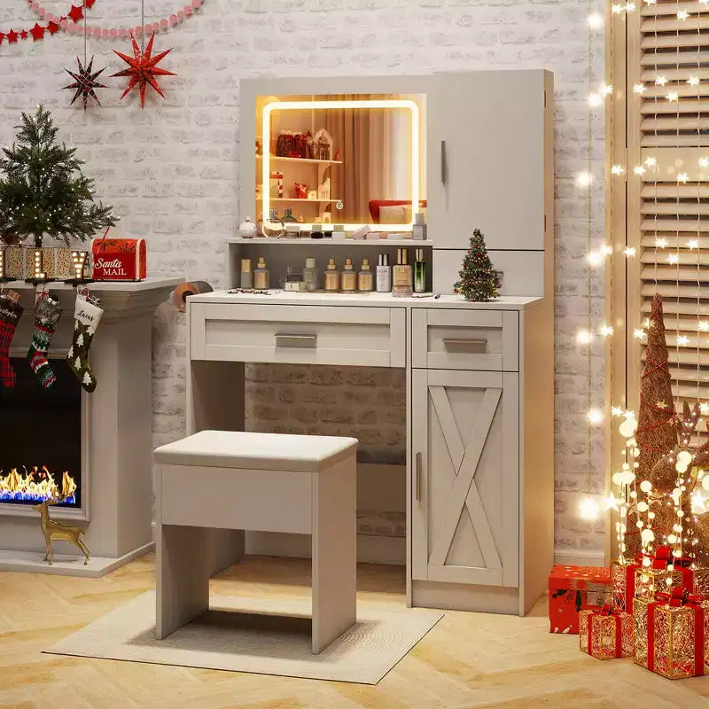 Set Toeletta da Fattoria Costway con Specchio e Luci 3 Modalità di Illuminazione e Luminosità Regolabile