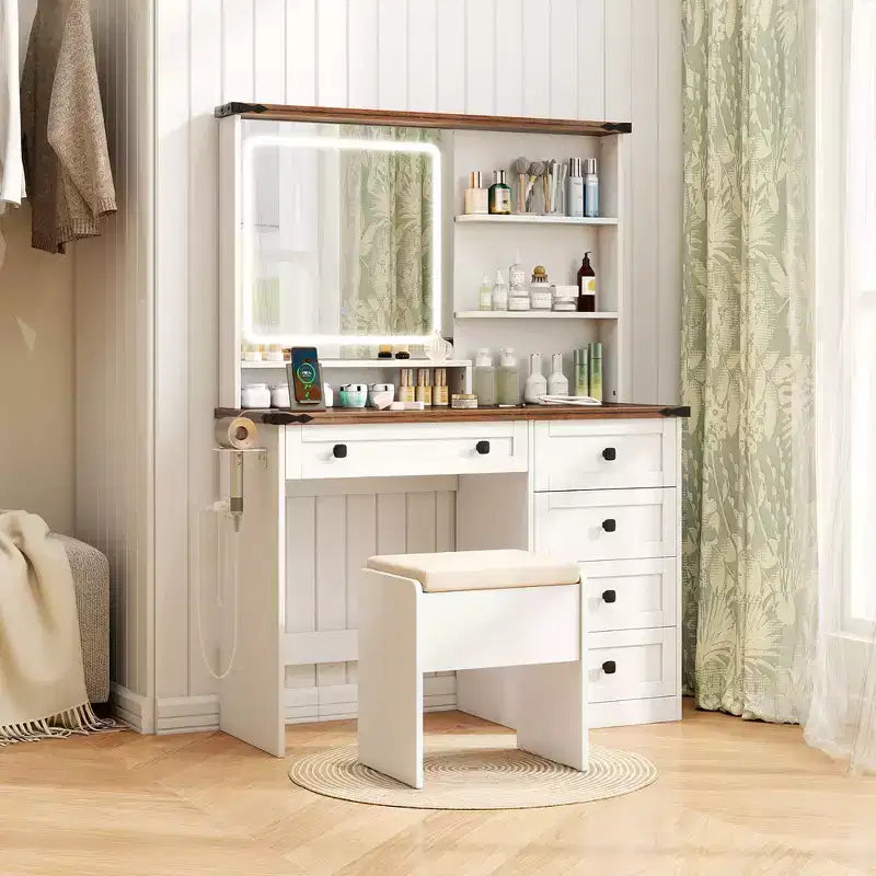 Set da toeletta Costway stile rustico con specchio e luci e sedia