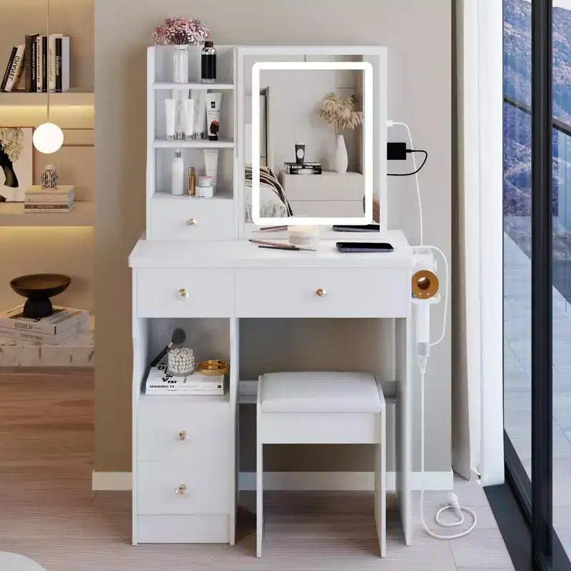 Okak Modern Makeup Vanity with Cushioned Stool, Vanity Desk with Mirror and 5 Drawers, Compact Vanity 6 Shelves for Bedroom, Living Room