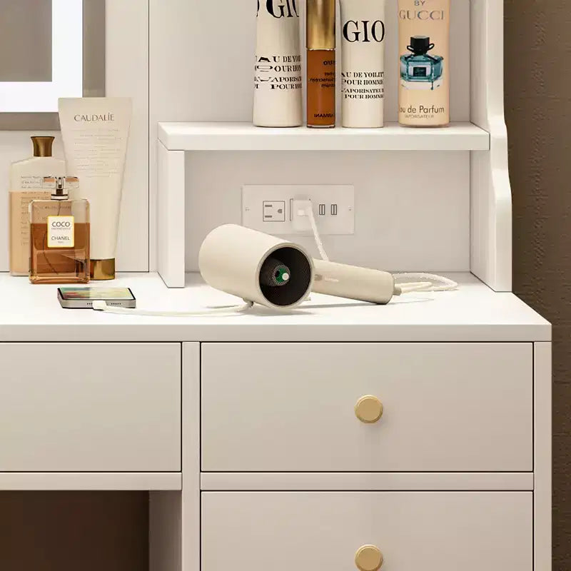 Grande tavolo da trucco Okak con 6 cassetti e mensole, specchiera con ampio specchio, mobile da trucco ad angolo per spogliatoio, camera da letto, bianco