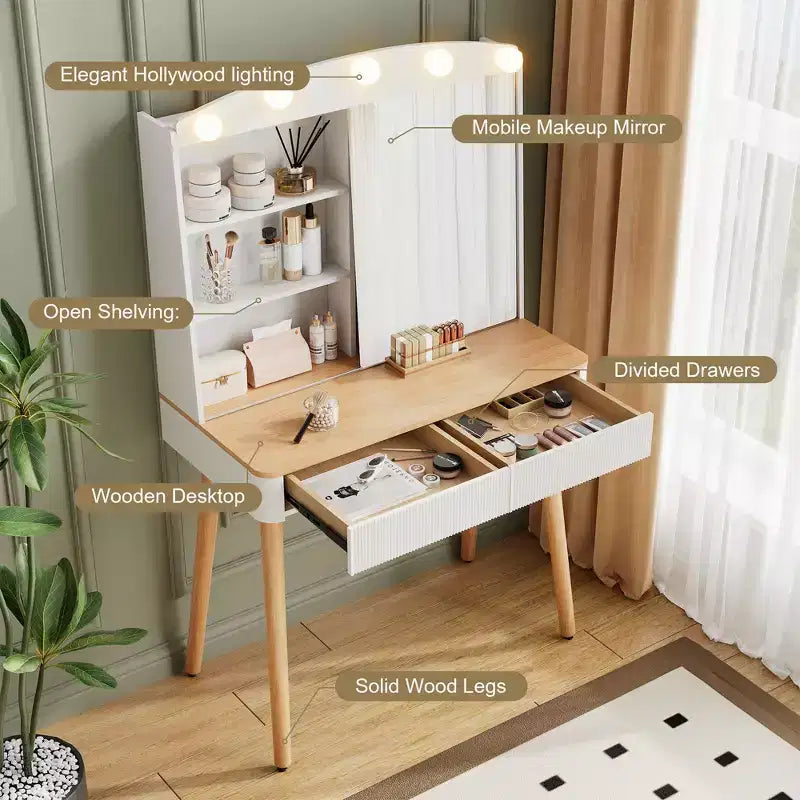 Okak Modern Make-up Vanity con Specchio Scorrevole, Scrivania da Trucco con Ampio Spazio Contenitivo, Toeletta Compatta per Camera da Letto, Spogliatoio, Bianco