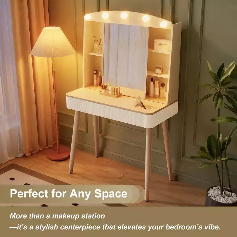Okak Modern Make-up Vanity con Specchio Scorrevole, Scrivania da Trucco con Ampio Spazio Contenitivo, Toeletta Compatta per Camera da Letto, Spogliatoio, Bianco
