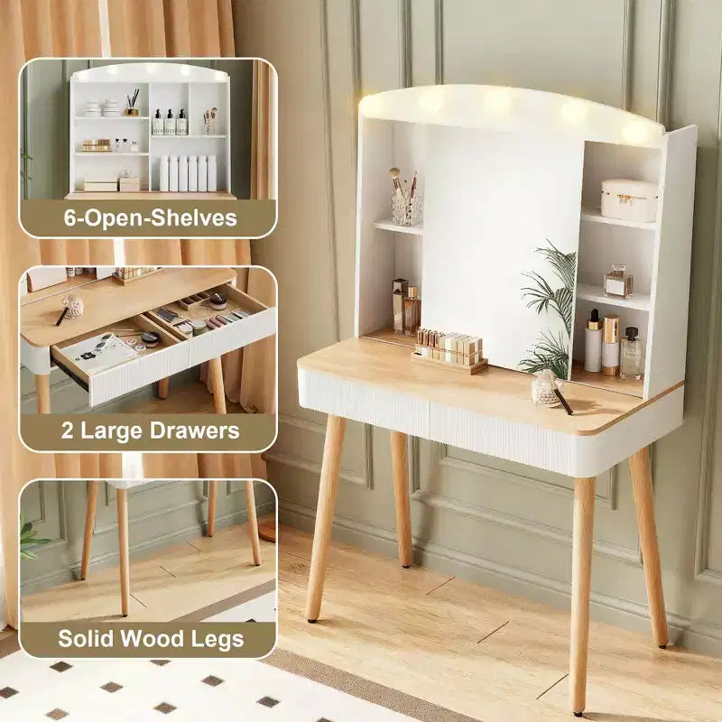 Okak Modern Make-up Vanity con Specchio Scorrevole, Scrivania da Trucco con Ampio Spazio Contenitivo, Toeletta Compatta per Camera da Letto, Spogliatoio, Bianco