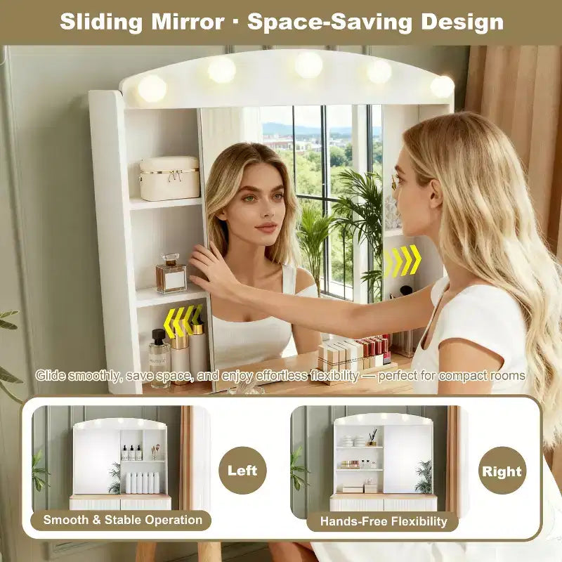 Okak Modern Make-up Vanity con Specchio Scorrevole, Scrivania da Trucco con Ampio Spazio Contenitivo, Toeletta Compatta per Camera da Letto, Spogliatoio, Bianco