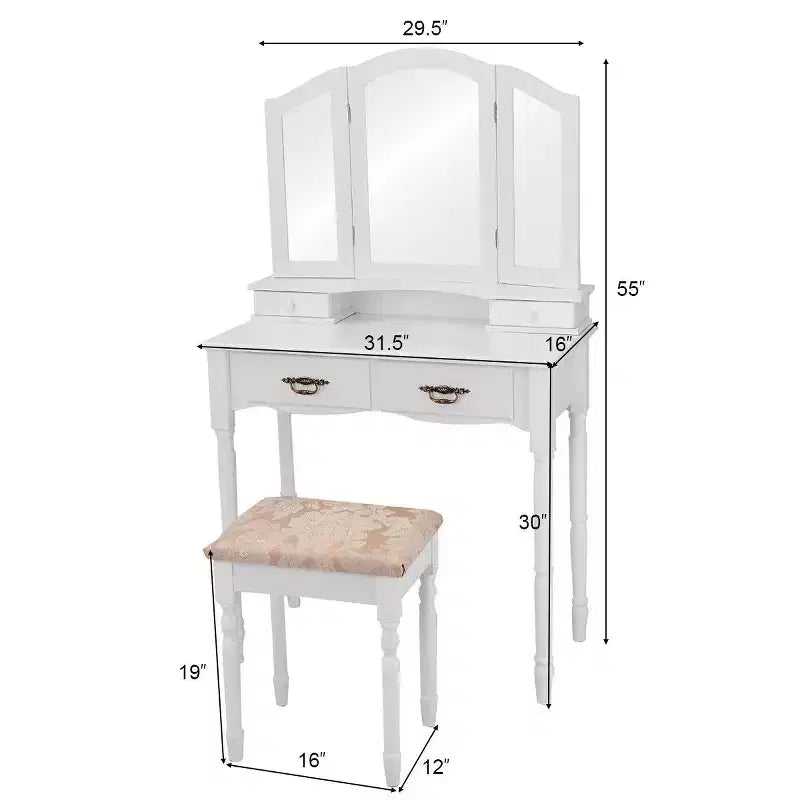 Set Trucco Tavolo da Toeletta Costway Tri Pieghevole con 4 Cassetti e Sgabello Bianco