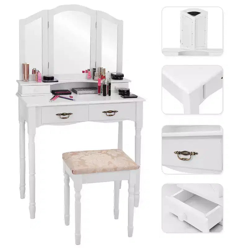 Set Trucco Tavolo da Toeletta Costway Tri Pieghevole con 4 Cassetti e Sgabello Bianco