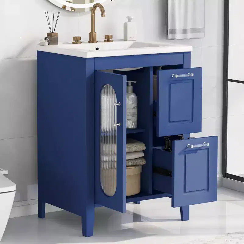 Mobile bagno 60 cm con lavabo, mobiletto da bagno con due cassetti e anta, mensola regolabile, nero