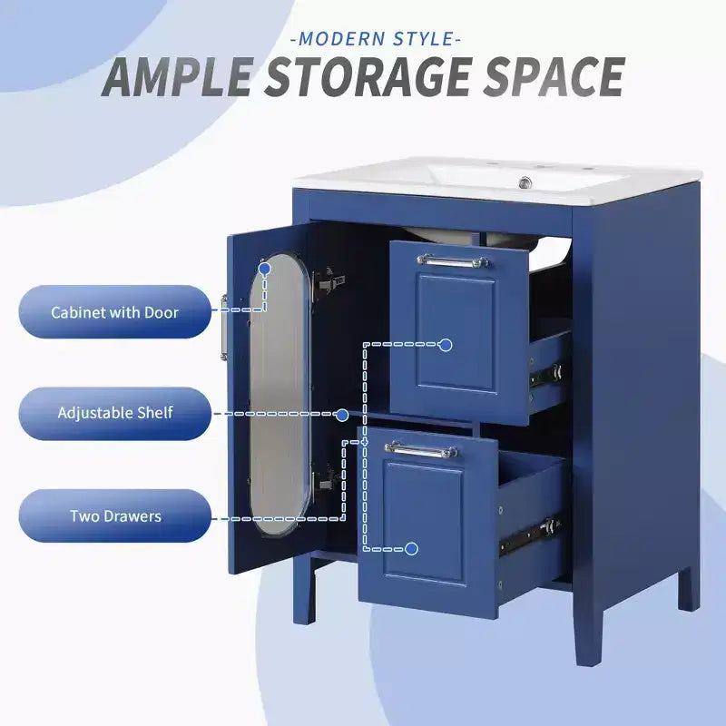 Mobile bagno 60 cm con lavabo, mobiletto da bagno con due cassetti e anta, mensola regolabile, nero