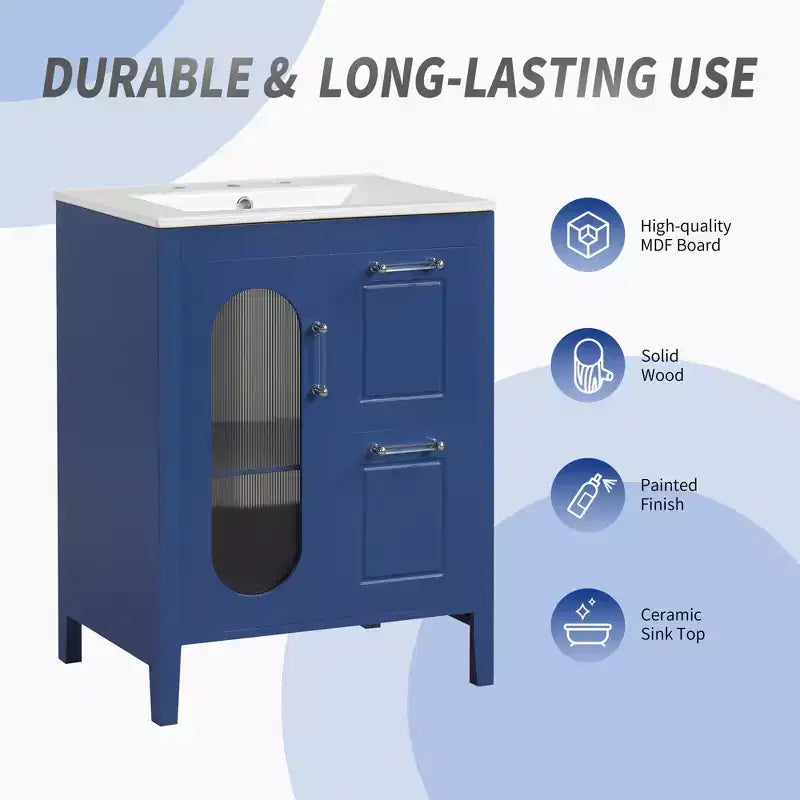 Mobile bagno 60 cm con lavabo, mobiletto da bagno con due cassetti e anta, mensola regolabile, nero