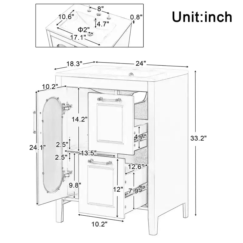 Mobile bagno 60 cm con lavabo, mobiletto da bagno con due cassetti e anta, mensola regolabile, nero