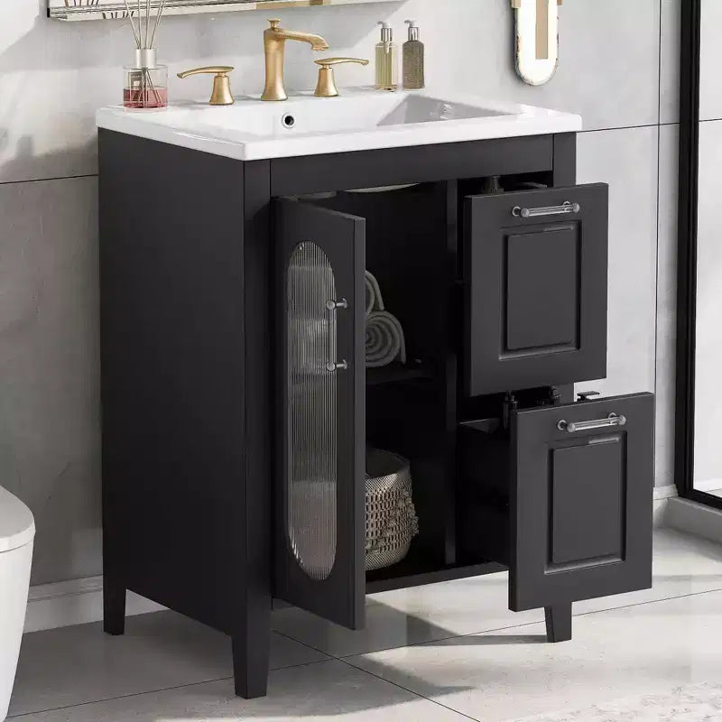 Mobile bagno 60 cm con lavabo, mobiletto da bagno con due cassetti e anta, mensola regolabile, nero
