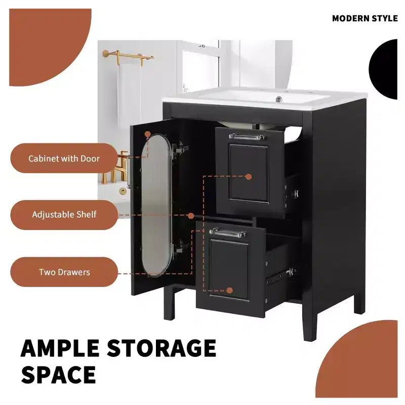 Mobile bagno 60 cm con lavabo, mobiletto da bagno con due cassetti e anta, mensola regolabile, nero