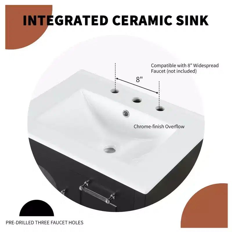 Mobile bagno 60 cm con lavabo, mobiletto da bagno con due cassetti e anta, mensola regolabile, nero