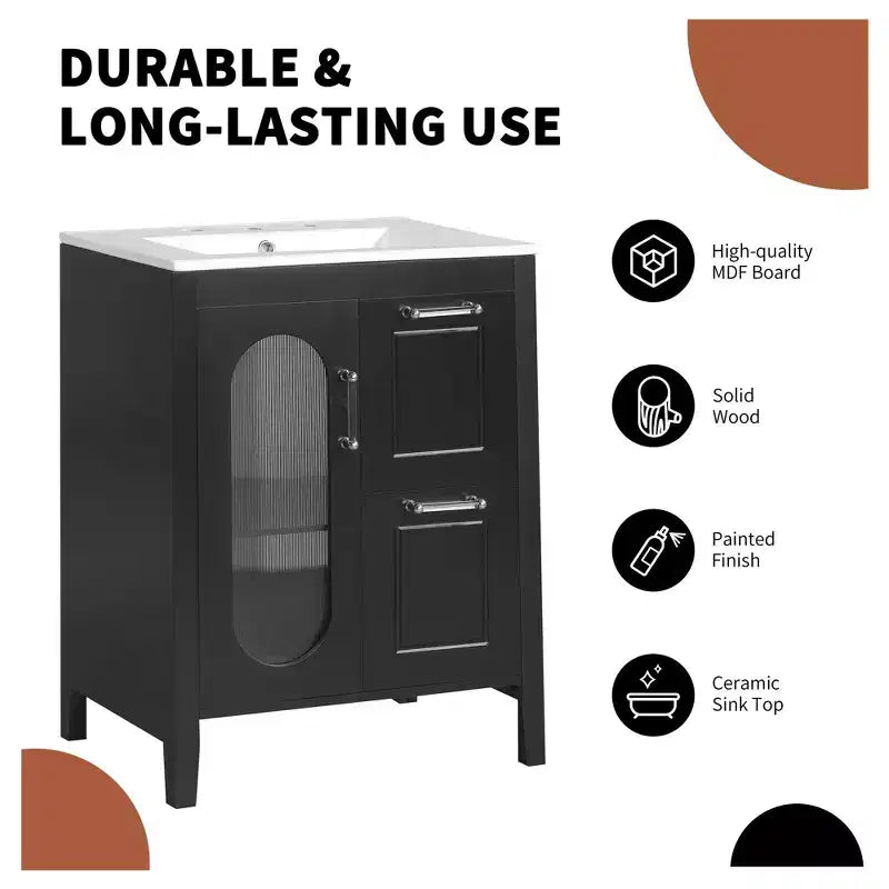 Mobile bagno 60 cm con lavabo, mobiletto da bagno con due cassetti e anta, mensola regolabile, nero