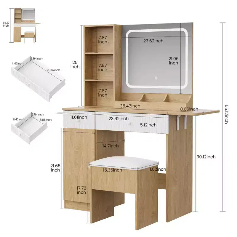 Toeletta con specchio e luci, stazione di ricarica, set da trucco con sedia portaoggetti, cassetti e ripiani, per camera da letto