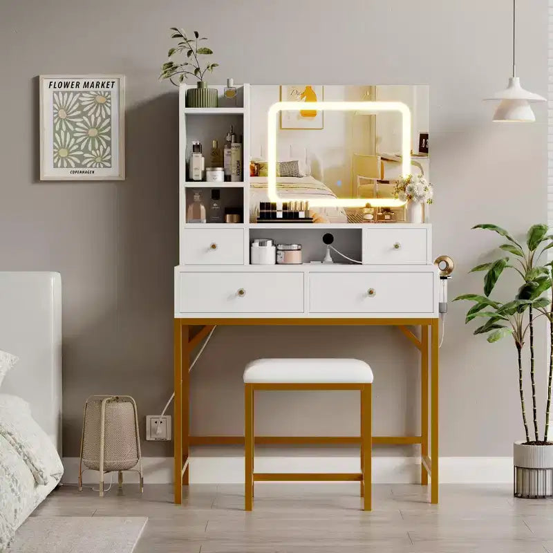 Vanity Desk with Stool, Small Makeup Vanity Table with Mirror and Lights, Brightness Adjustable, for Women