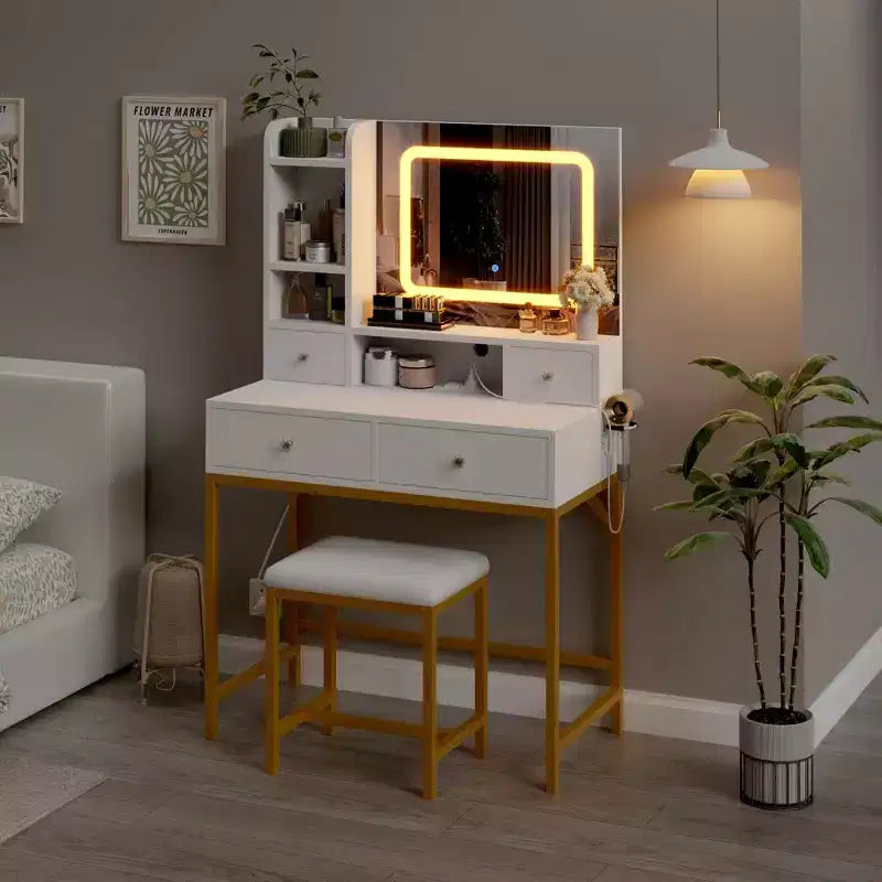 Toeletta con sgabello, piccola toeletta per trucco con specchio e luci, luminosità regolabile, per donne