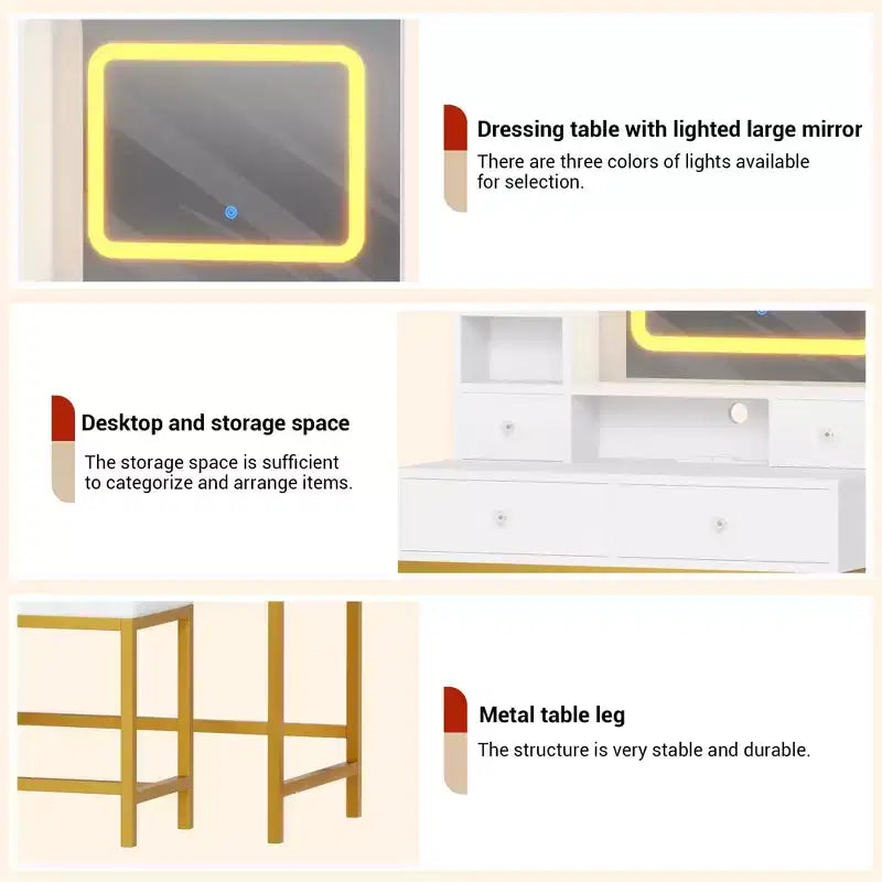 Toeletta con sgabello, piccola toeletta per trucco con specchio e luci, luminosità regolabile, per donne