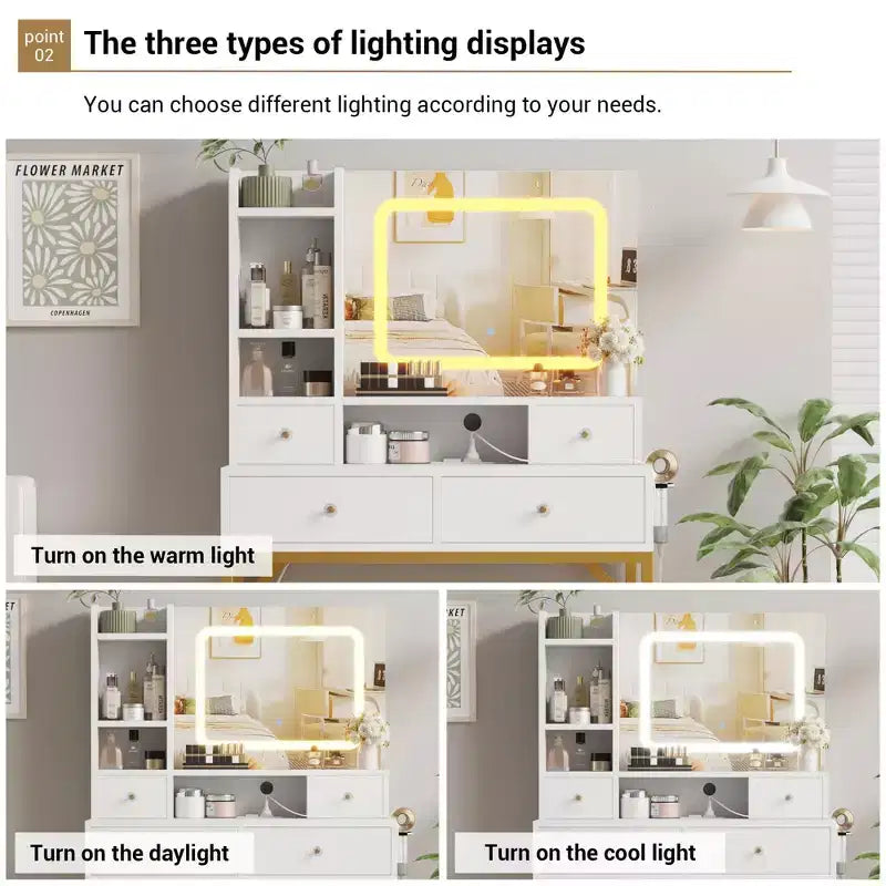 Toeletta con sgabello, piccola toeletta per trucco con specchio e luci, luminosità regolabile, per donne