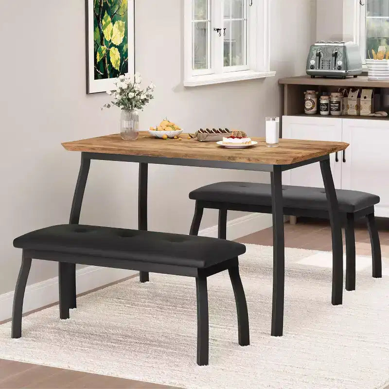 Set da Pranzo per 4 Persone, Set da Tavolo da Cucina a 3 Pezzi con Struttura in Metallo e 2 Panche Imbottite, Salvaspazio, per Appartamento, Monolocale, Casa, Grigio