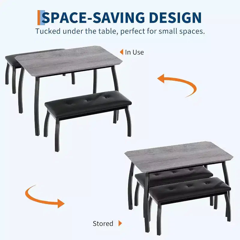 Set da Pranzo per 4 Persone, Set da Tavolo da Cucina a 3 Pezzi con Struttura in Metallo e 2 Panche Imbottite, Salvaspazio, per Appartamento, Monolocale, Casa, Grigio