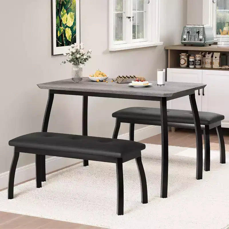 Set da Pranzo per 4 Persone, Set da Tavolo da Cucina a 3 Pezzi con Struttura in Metallo e 2 Panche Imbottite, Salvaspazio, per Appartamento, Monolocale, Casa, Grigio