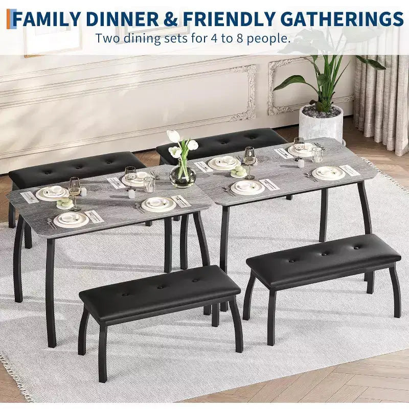 Set da Pranzo per 4 Persone, Set da Tavolo da Cucina a 3 Pezzi con Struttura in Metallo e 2 Panche Imbottite, Salvaspazio, per Appartamento, Monolocale, Casa, Grigio