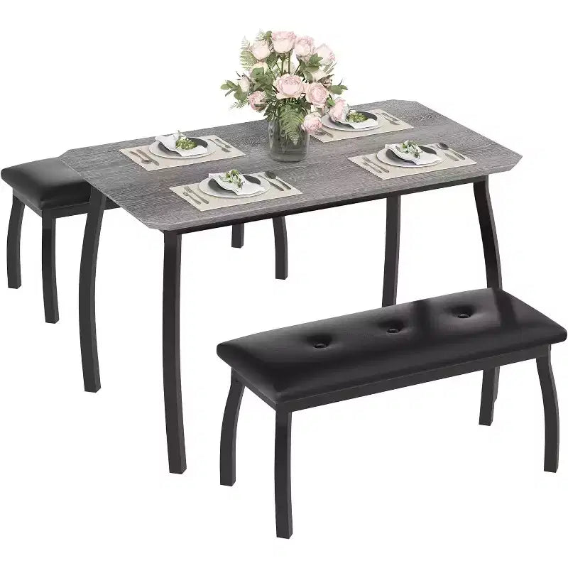 Set da Pranzo per 4 Persone, Set da Tavolo da Cucina a 3 Pezzi con Struttura in Metallo e 2 Panche Imbottite, Salvaspazio, per Appartamento, Monolocale, Casa, Grigio
