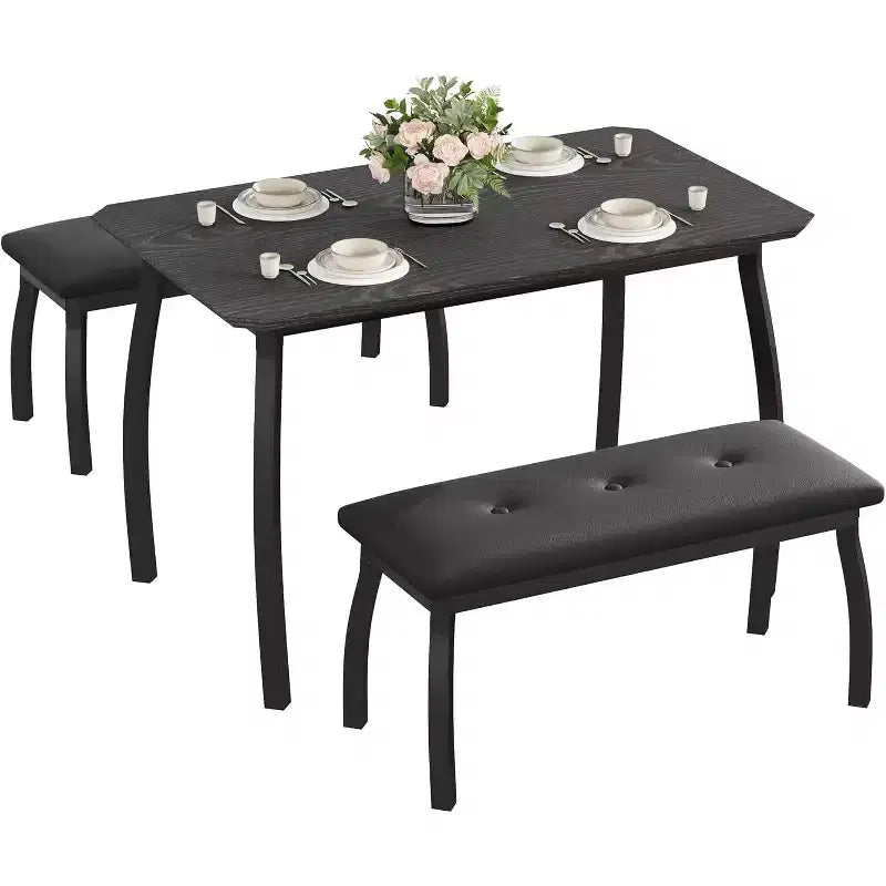 Set da Pranzo per 4 Persone, Set da Tavolo da Cucina a 3 Pezzi con Struttura in Metallo e 2 Panche Imbottite, Salvaspazio, per Appartamento, Monolocale, Casa, Grigio