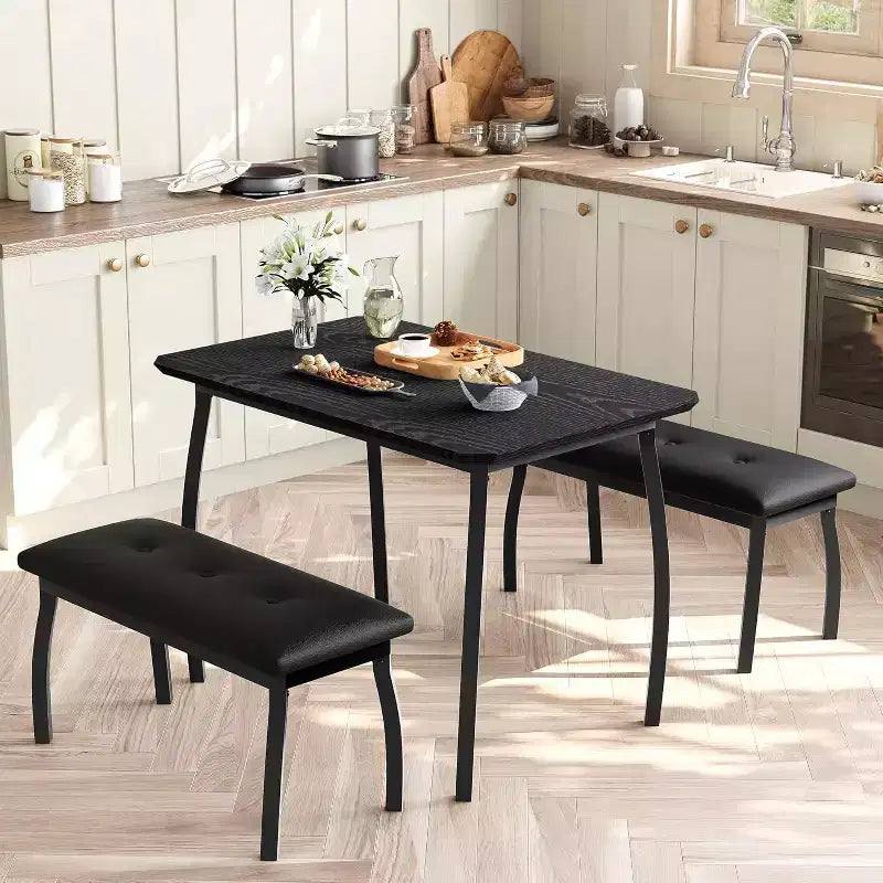 Dining Table Set for 4, 3-Piece Kitchen Table Set with Metal Frame and 2 Upholstered Benches, Space-Saving, for Apartment, Studio, Home, Grey