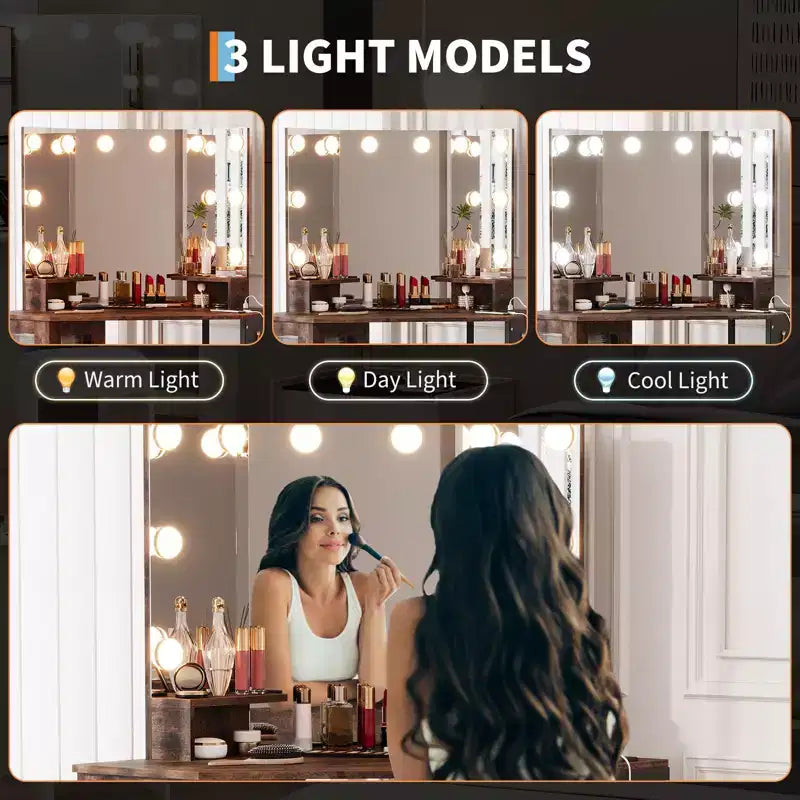GustoWave Tavolo da trucco angolare con specchio, illuminazione LED a 3 colori, toletta moderna con sgabello per camera da letto o studio, toeletta salvaspazio