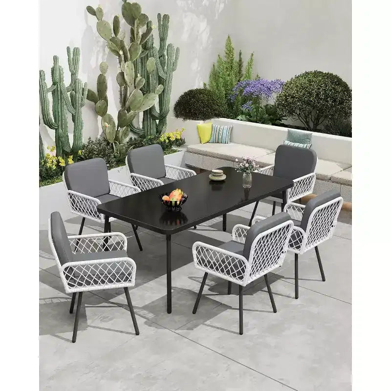 7-Piece Outdoor Dining Set for 6, 59 Tempered Glass Table with Metal Frame & 6 Rattan Chairs, Patio Set for Garden, Backyard, Poolside