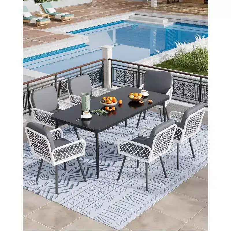 Set da pranzo da esterno di 7 pezzi per 6 persone, tavolo in vetro temperato da 150 cm con struttura in metallo e 6 sedie in rattan, set da patio per giardino, cortile, bordo piscina