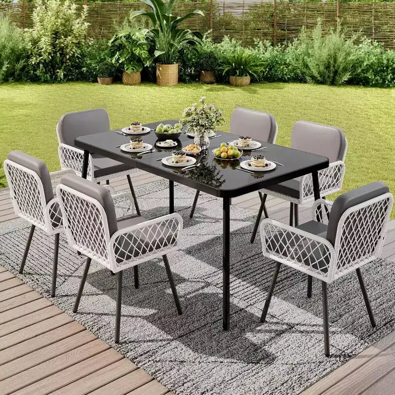 Set da pranzo da esterno di 7 pezzi per 6 persone, tavolo in vetro temperato da 150 cm con struttura in metallo e 6 sedie in rattan, set da patio per giardino, cortile, bordo piscina