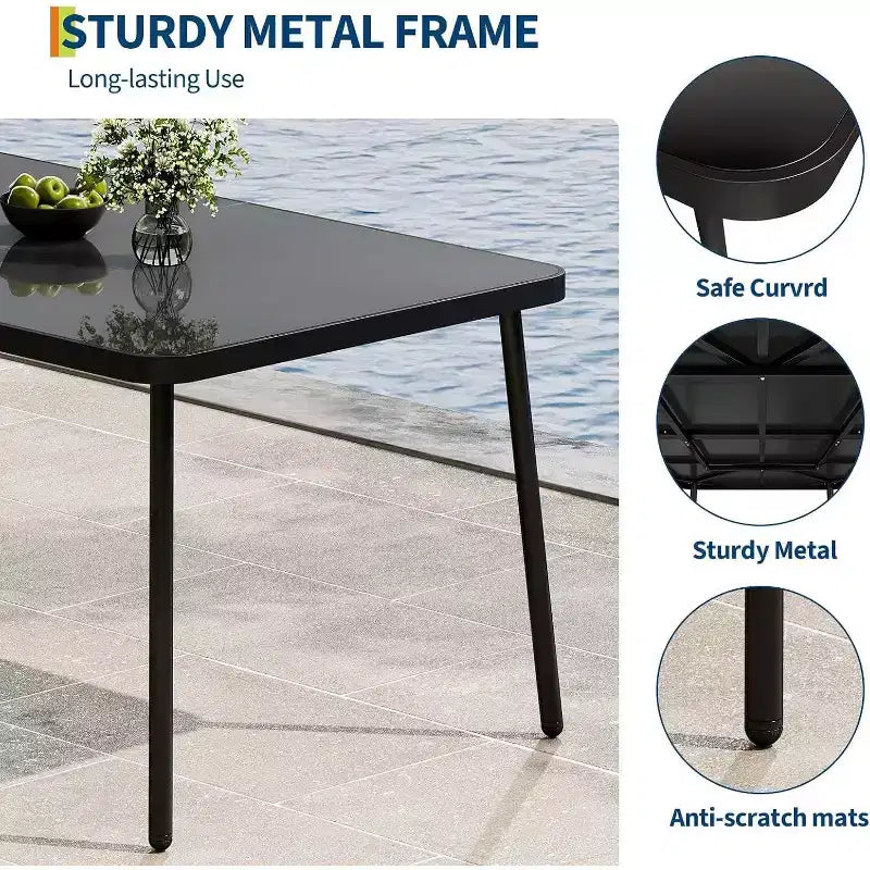 Set da pranzo da esterno di 7 pezzi per 6 persone, tavolo in vetro temperato da 150 cm con struttura in metallo e 6 sedie in rattan, set da patio per giardino, cortile, bordo piscina