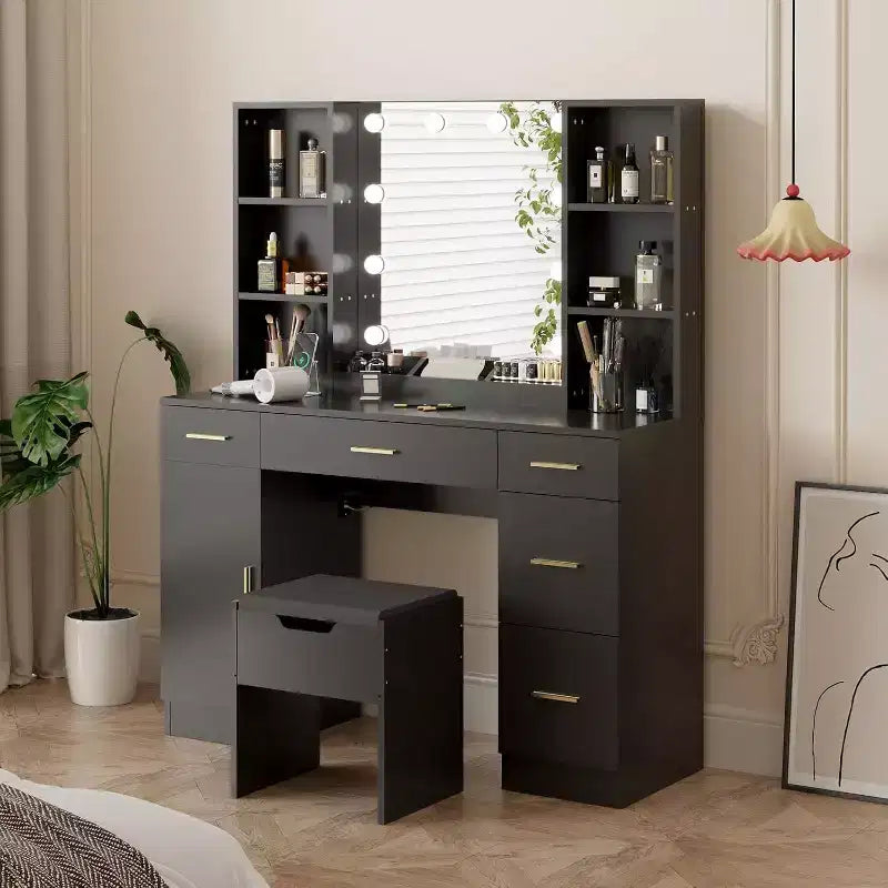 Acekool Set Toeletta da Fattoria con Specchio, Scrivania Trucchi con Ripiani Portaoggetti e Sgabello Imbottito per Camera da Letto