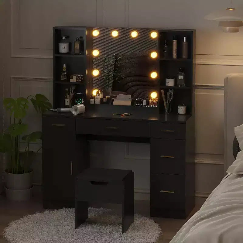 Acekool Set Toeletta da Fattoria con Specchio, Scrivania Trucchi con Ripiani Portaoggetti e Sgabello Imbottito per Camera da Letto