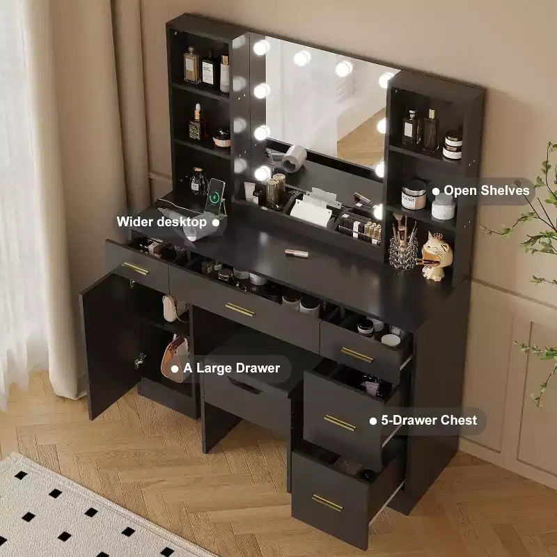 Acekool Set Toeletta da Fattoria con Specchio, Scrivania Trucchi con Ripiani Portaoggetti e Sgabello Imbottito per Camera da Letto