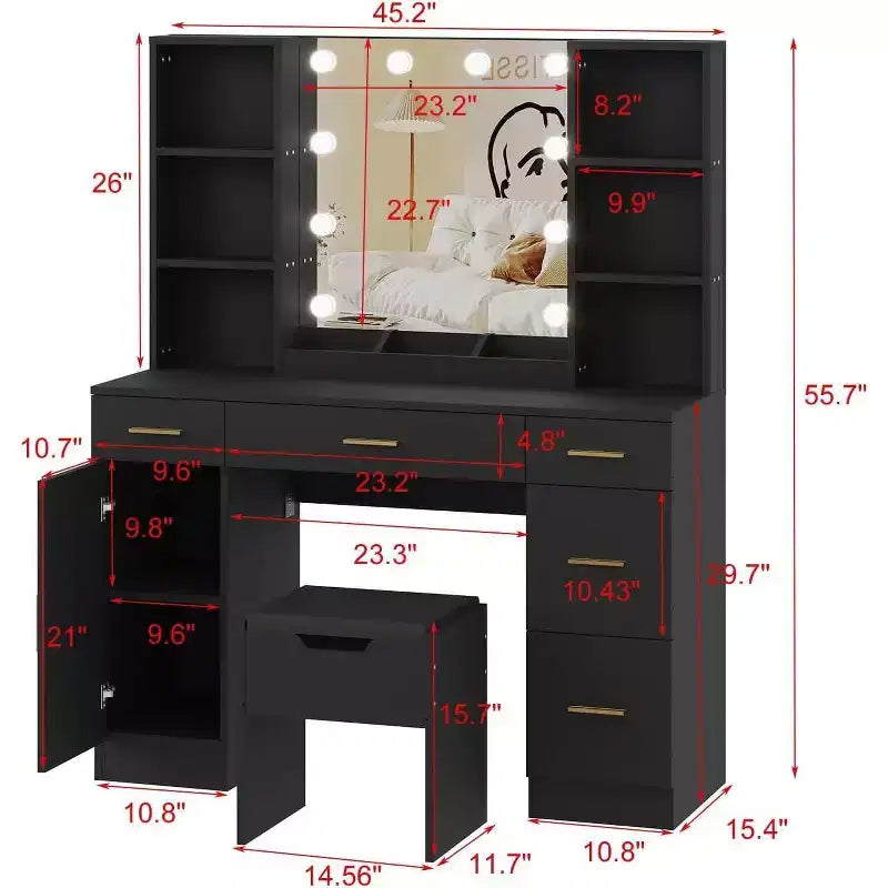 Acekool Set Toeletta da Fattoria con Specchio, Scrivania Trucchi con Ripiani Portaoggetti e Sgabello Imbottito per Camera da Letto