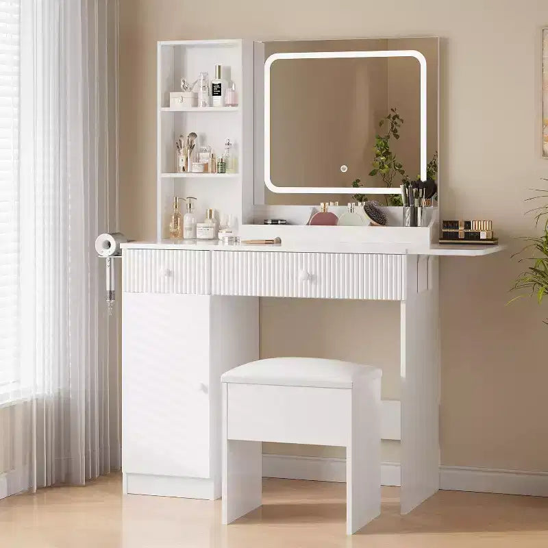 Acekool Toeletta con specchio, cassetti, armadietto, presa elettrica e sgabello portaoggetti, tavolo trucco allungabile per camera da letto