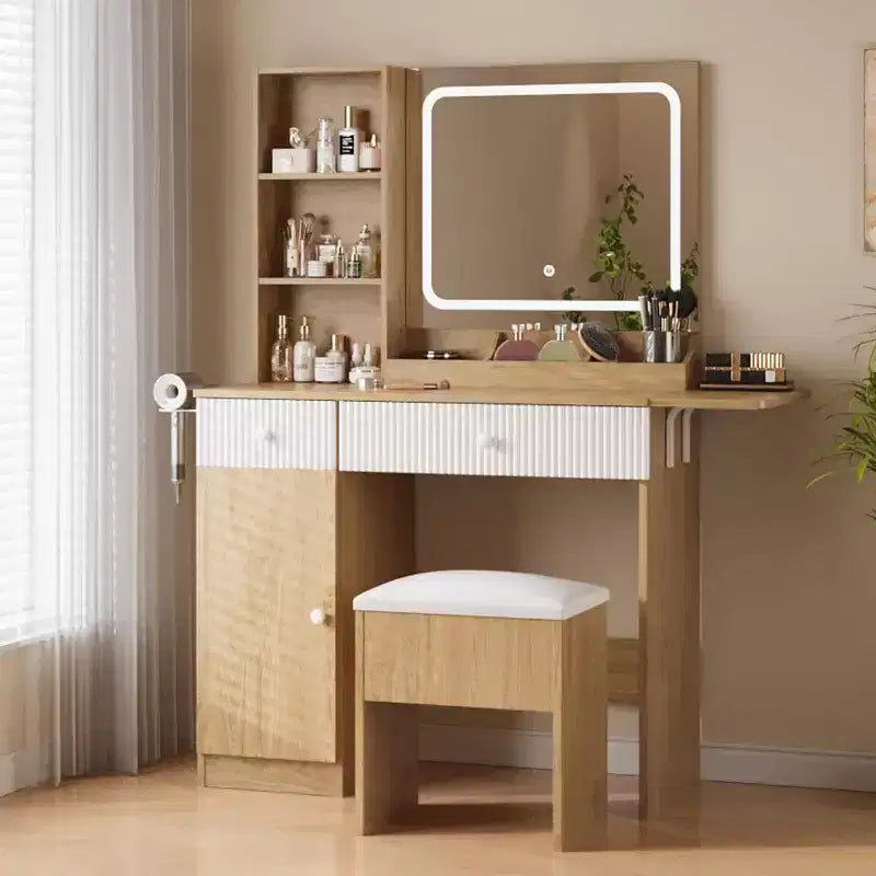 Acekool Toeletta con specchio, cassetti, armadietto, presa elettrica e sgabello portaoggetti, tavolo trucco allungabile per camera da letto